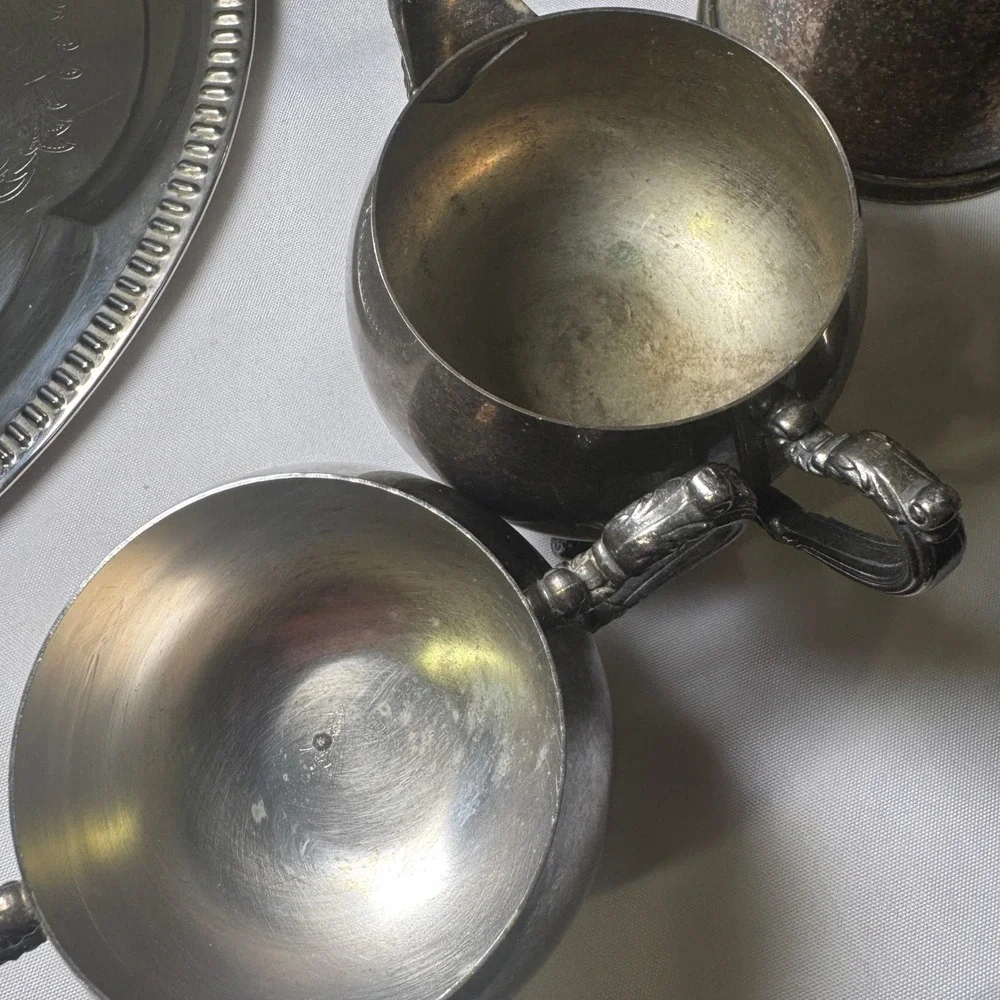 Vintage Oneida Silver Plate Tea Coffee Service Set with Etched Serving Tray 5pc